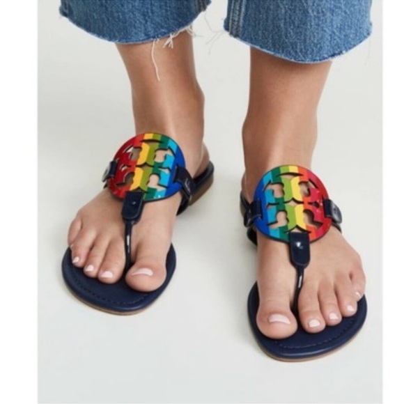 Tory Burch Miller Printed Patent Leather Sandals Royal Navy/Bright Rainbow 8.5 - Picture 1 of 14
